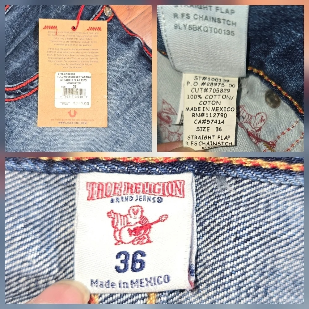 True Religion Ricky Exposed Red Chainstitch Straight Flap Jeans Men's Sz. 36